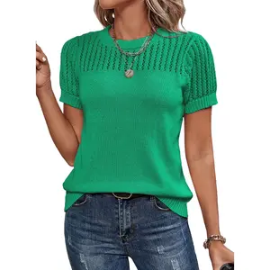 Dokotoo Womens Summer Tops Dressy Casual Crewneck Short Sleeve Shirts Solid Hollow Out Knit Loose Sweater Blouses