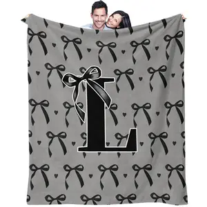 Black bow letter pattern, suitable for children and adults' holiday birthday gifts, soft, warm and lightweight plush blanket, suitable for bed, sofa, car, room decoration, Flannel Throw Blanket