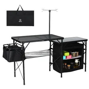 Folding Camping Kitchen Table with Light Pole & Side Storage Bag Portable Outdoor Organizer for Picnic BBQ Beach RV Camping