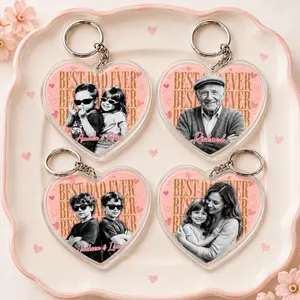 Personalized Best Dad Ever Heart Acrylic Keychain, Custom Photo Keyring for Dad, Family Picture Bag Charm, Father’s Day Gift from Kids, Cute Memorial Pendant