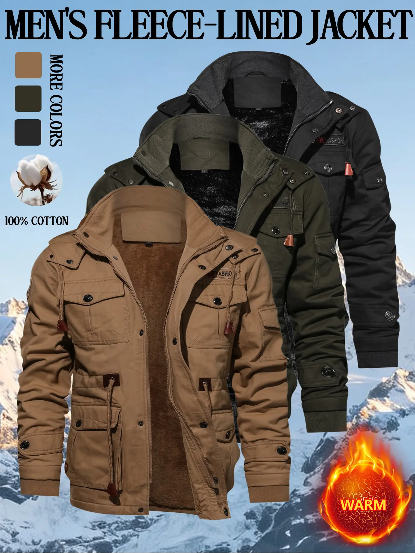 Men’s hooded fleece workwear jacket, pure cotton, multi-pocket, winter windproof warm casual outerwear