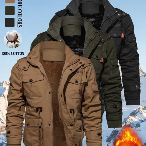100% Cotton Men's Thick Fleece Regular Coat - Long-Sleeve Hooded Outerwear with Dual Zipper/Snap Closure, Multi-Pockets, Winter Windproof Warm Outdoor Workwear Casual Jacket, 100% Cotton Men's Fleece Jackets