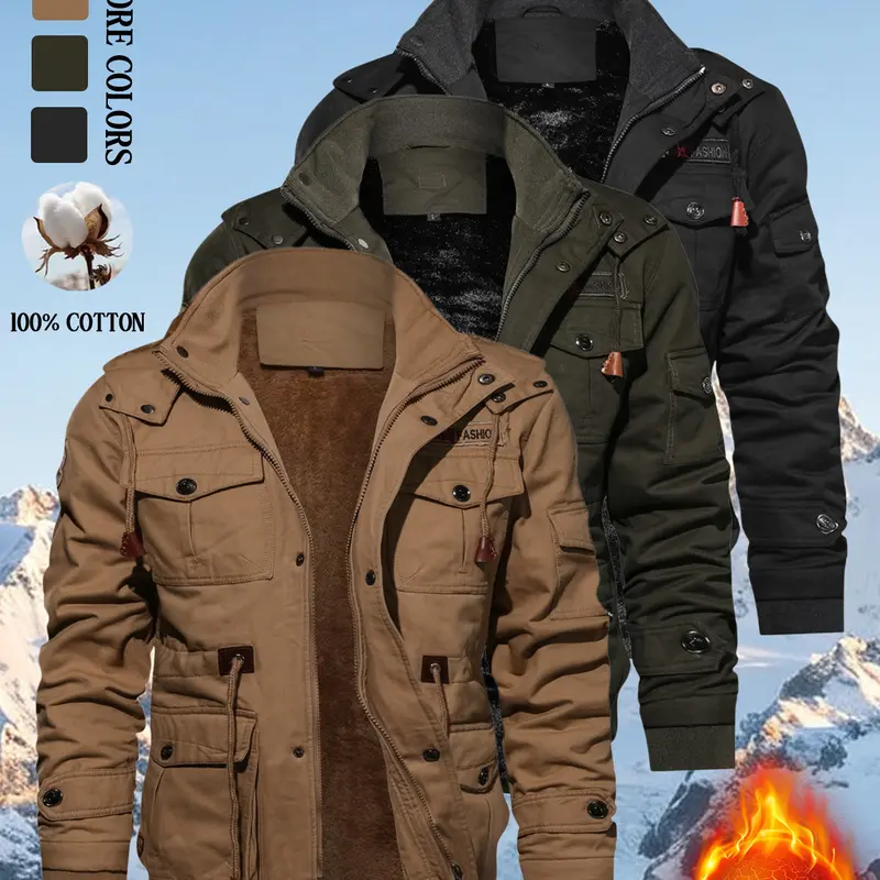 100% Cotton Men's Thick Fleece Regular Coat - Long-Sleeve Hooded Outerwear with Dual Zipper/Snap Closure, Multi-Pockets, Winter Windproof Warm Outdoor Workwear Casual Jacket, 100% Cotton Men's Fleece Jackets