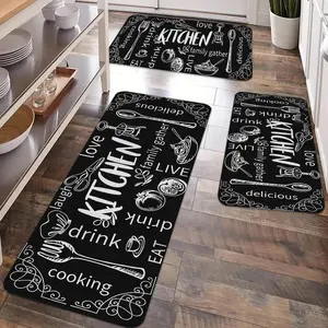 2/3pcs kitchen anti slip floor mat set, Kitchen Rugs Sets, black and white tableware pattern design, soft flannel washable kitchen floor mat, suitable for kitchen, dining room