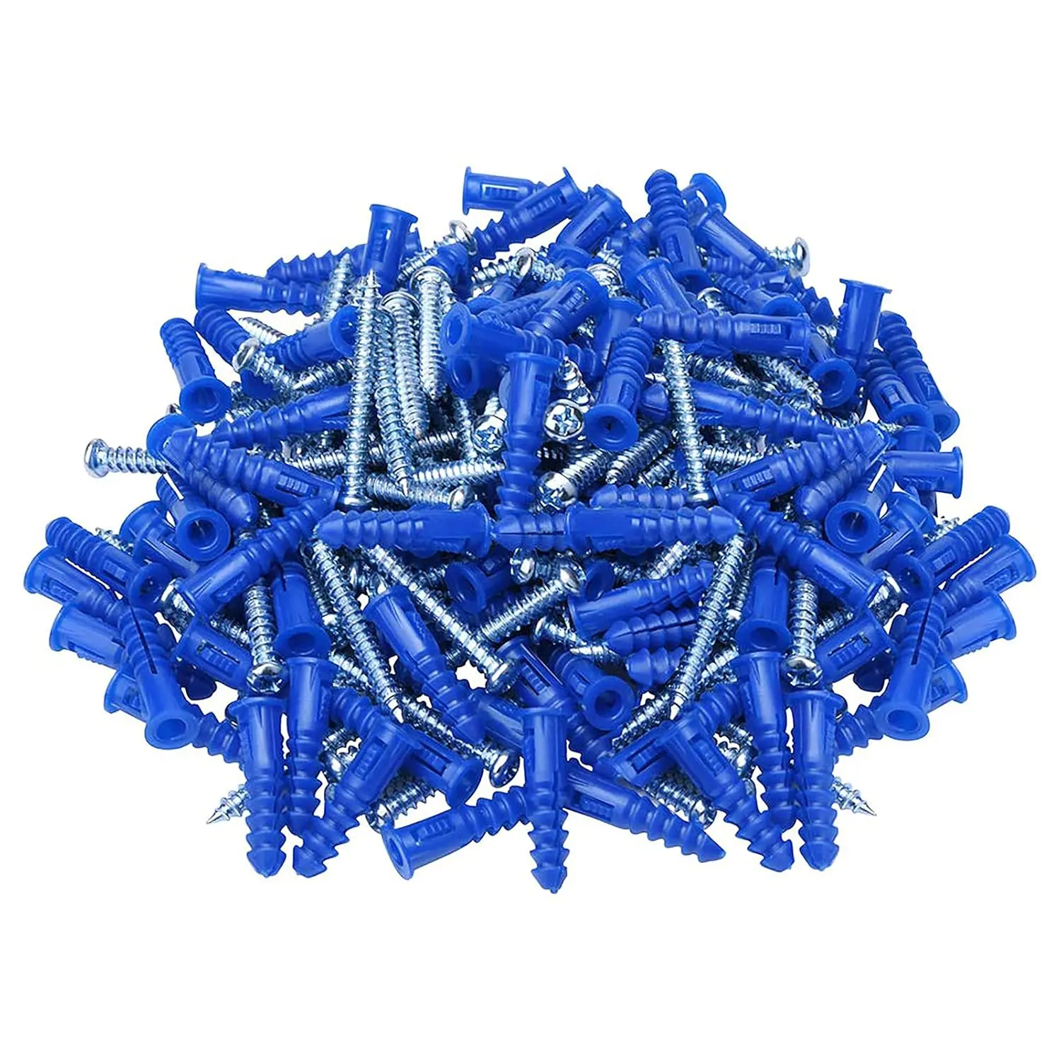 Ribbed Wall Anchors #10-#12 1-1/4-Inch with Screws 100-Pack, Blue, Plastic Anchor for Drywall/Concrete, Pan  Phillips Screw Included