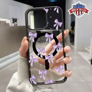 Dreamy Purple Bows Pattern Magnetic Phone Case Supports Wireless Charging for iPhone 15 16 14 Pro Max 13 12 11 XR XS Plus Shockproof Non Slip Protection Silicone Transparent Acrylic Cover Cellphone Protective