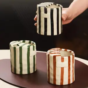 Retro Striped Hand-Painted Ceramic Mark Hand-Held Cup Heat-Resistant Non-Slip Double-Enjoy Cup Ceramic Mugs for Milk Coffee Juice Latte Cocoa Cereal Hot Cold Drinks Valentine's Day Mother's Day Christmas Thanksgiving New Year Gift Drinkware