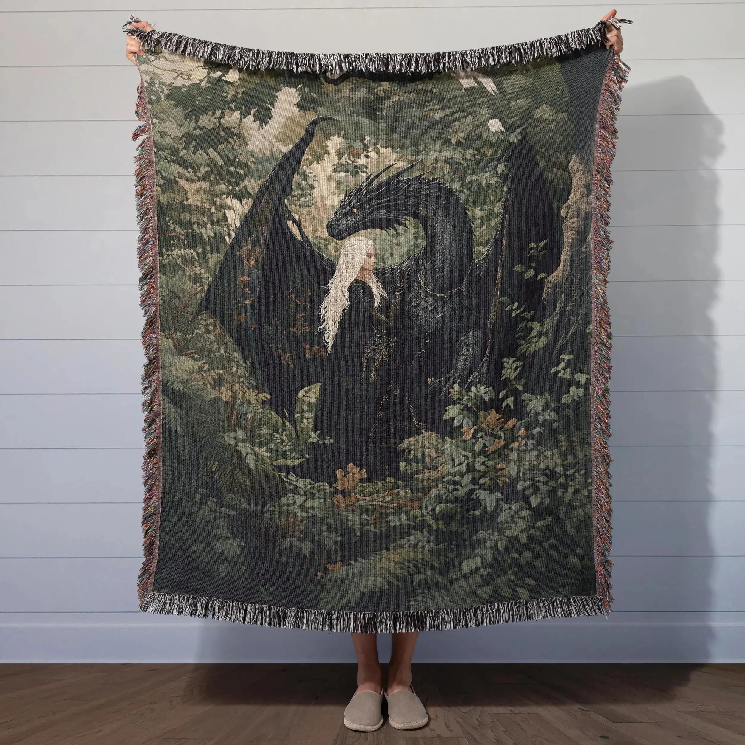Woven Tapestry Blanket – Dark Fantasy Witch and Wyvern Forest Artwork