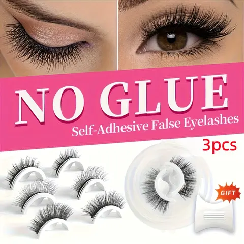 Voluminous False Eyelashes for Beginners, 3Pairs 0.15 mm 3D Cross Hair Fairy Curl Long Self-Adhesive Lashes, Double Stick No Glue Needed, Easy-On Reusable for Doll-Like Bright Eyes Makeup (Beauty & Personal Care Long Lashes False Eyelashes & Adhesives)