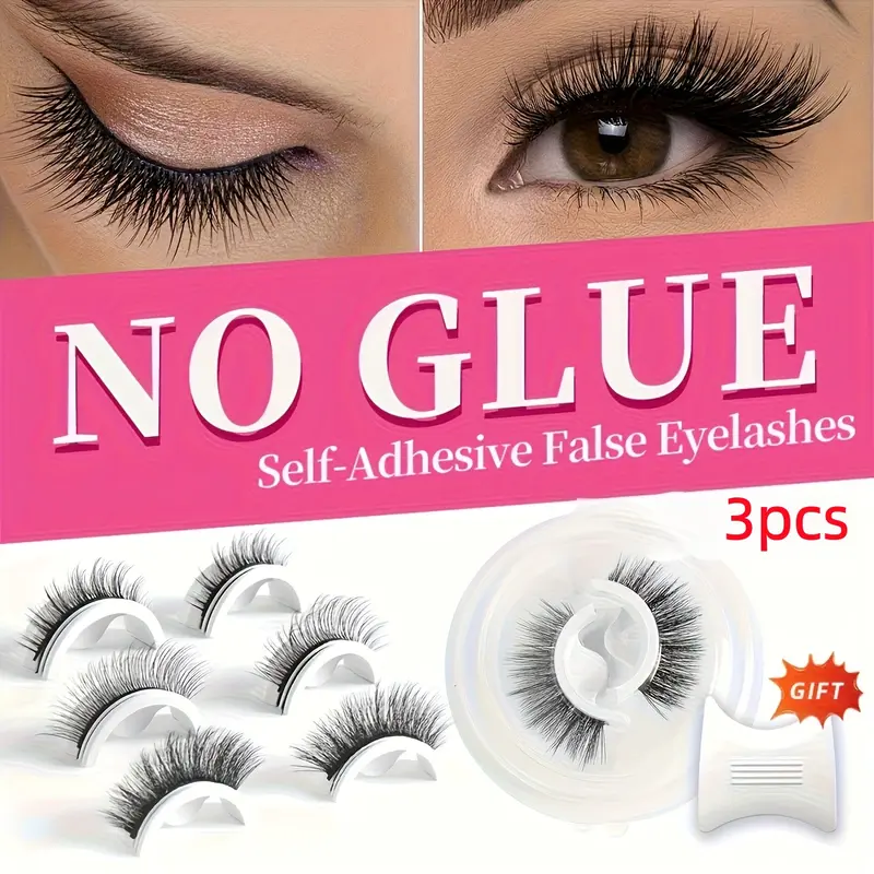 Voluminous False Eyelashes for Beginners, 3Pairs 0.15 mm 3D Cross Hair Fairy Curl Long Self-Adhesive Lashes, Double Stick No Glue Needed, Easy-On Reusable for Doll-Like Bright Eyes Makeup (Beauty & Personal Care Long Lashes False Eyelashes & Adhesives)