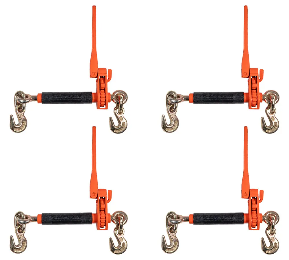 4 Pack 5/16" - 3/8" Hi-Viz Orange Quick Ratchet Folding Handle Ratchet Load Binder w/Grab Hook 7,100 lbs WLL | Tie Down Hauling Chain Binders for Flatbed Truck Trailer