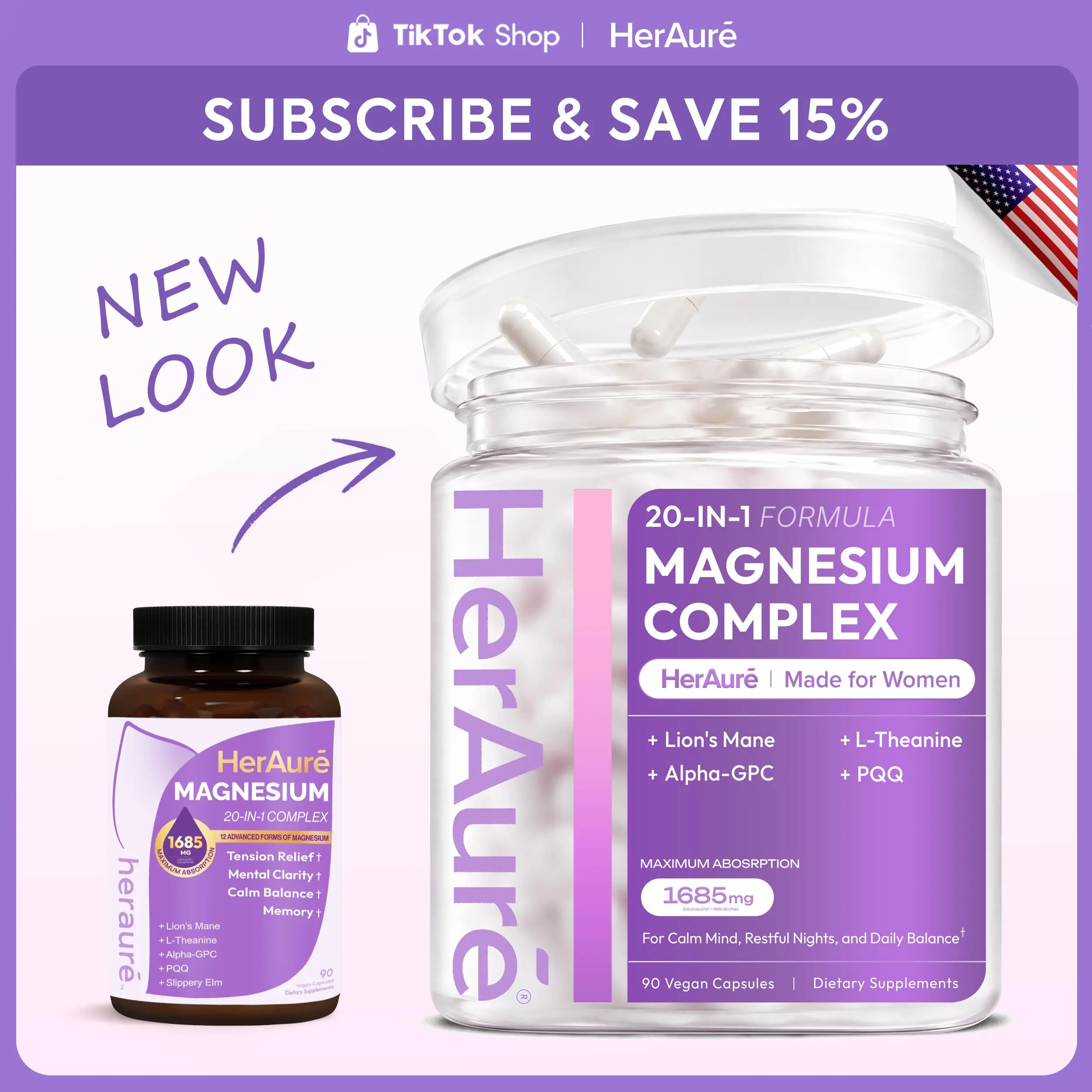 HerAuré 20-in-1 Magnesium Complex 1685mg - Brain Fog Relief, Reduce Overthinking & Calm Mind, Stress Relief & Sleep Comfort, Digestion, Muscle & Energy Support, 12 Forms of Magnesium, B6, Zinc & Slippery Elm, beach essentials, #backtoschool，G