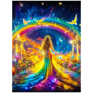 Starry Sky Rainbow Flying Birds Flower Golden Path Diamond Painting 5D DIY Kit, Diy Craft Supplies, Full Drill Square Round Diamonds Art Craft Home Wall Decor Painting Set