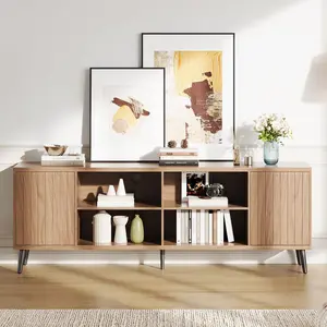 70" Fluted TV Stand for TVs up to 75", Mid-Century Modern Entertainment Center with Cabinets & Shelves