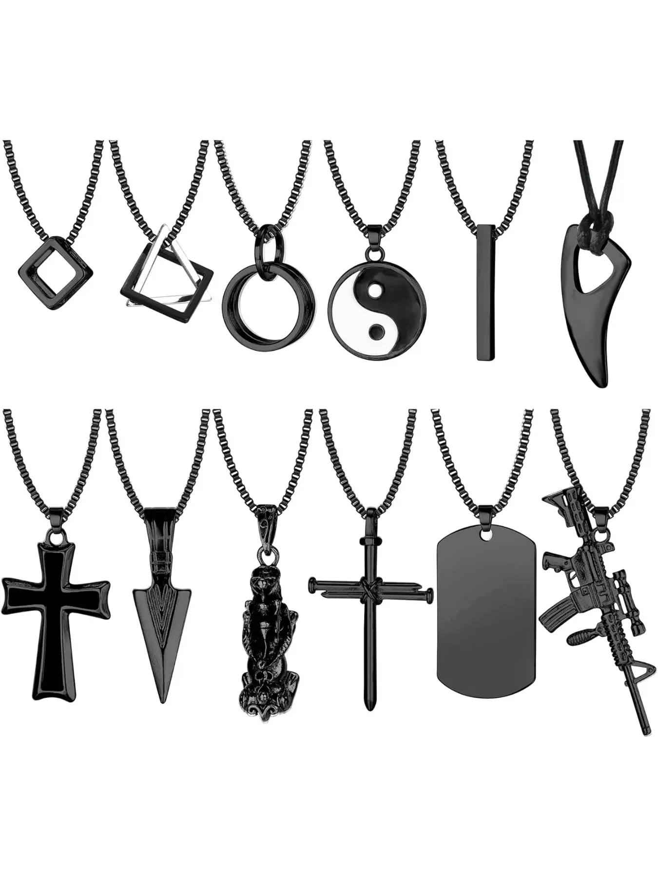 12Pcs Stainless Steel Pendant Necklace for Men Cool Goth Necklace Funky Grunge Cross Necklace Gothic Cross Dog Tag Yin Yang Triangle Pendant Chain Necklace Set Black & Silver Tone Assorted Necklaces …