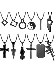 12Pcs Stainless Steel Pendant Necklace for Men Cool Goth Necklace Funky Gothic Cross Dog Tag Yin Yang Triangle Pendant Chain Necklace Set Black & Silver Tone …