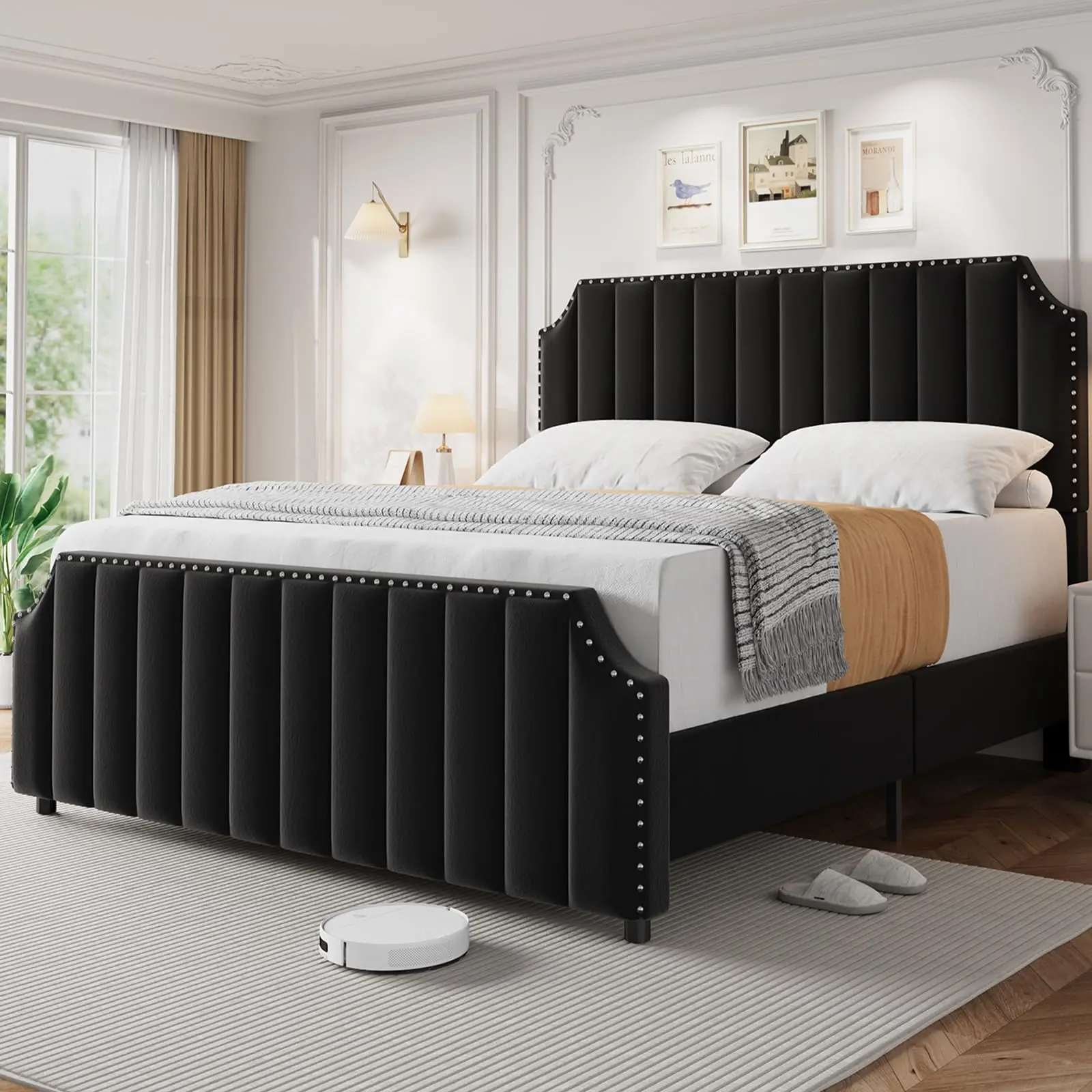 GARVEE King Size Bed Frame, Platform Bed Frame with Velvet Upholstered 50.2'' Headboard, Rivet Decoration, Strong Wooden Slats, No Box Spring Needed, Easy Assembly, Black