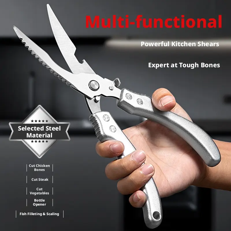 Heavy Duty Stainless Steel Kitchen Scissors - Ergonomic Kitchenware Cutter with Safety Lock, Fish Scaler, Bottle Opener, Durable Steel for Daily Prep, Chicken Bones, Meat, Vegetables, Home Kitchen & Outdoor Use
