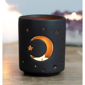 Wicca Mystical Moon And Stars Cutout Ceramic Black T-Light Votive Candle Holder