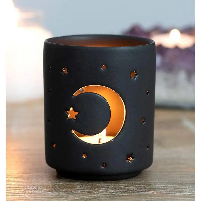 2-Pack Wicca Mystical Moon And Stars Cutout Ceramic Votive Tealight Candle Holders, Halloween Tableware Decor, Hand