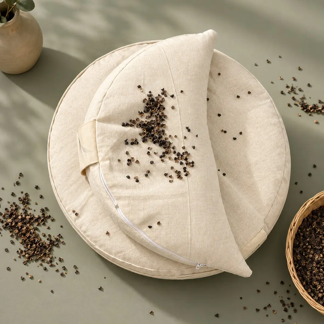 Traditional Wellness 2-Piece Meditation Cushion Set - Round Zafu & Crescent Buckwheat Hull-Filled Pillow, 100% Cotton Flat Weave Cover, Adjustable Firmness for Prayer, Sound Healing & Breathwork