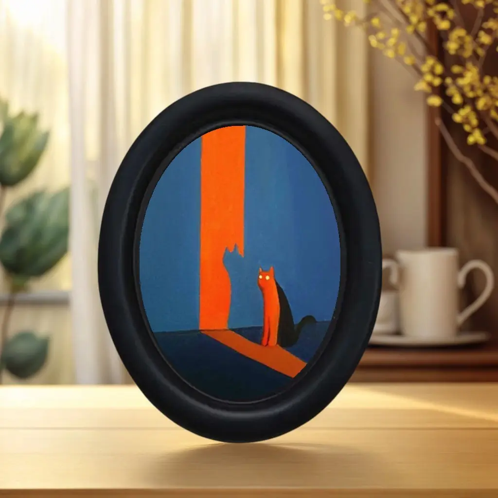 Minimalist Cat Theme Decorative Art, Oval Frame Abstract Wall Art, Vintage Atmosphere Hanging Painting, American Retro Entryway Bedroom Art, Decoration Items