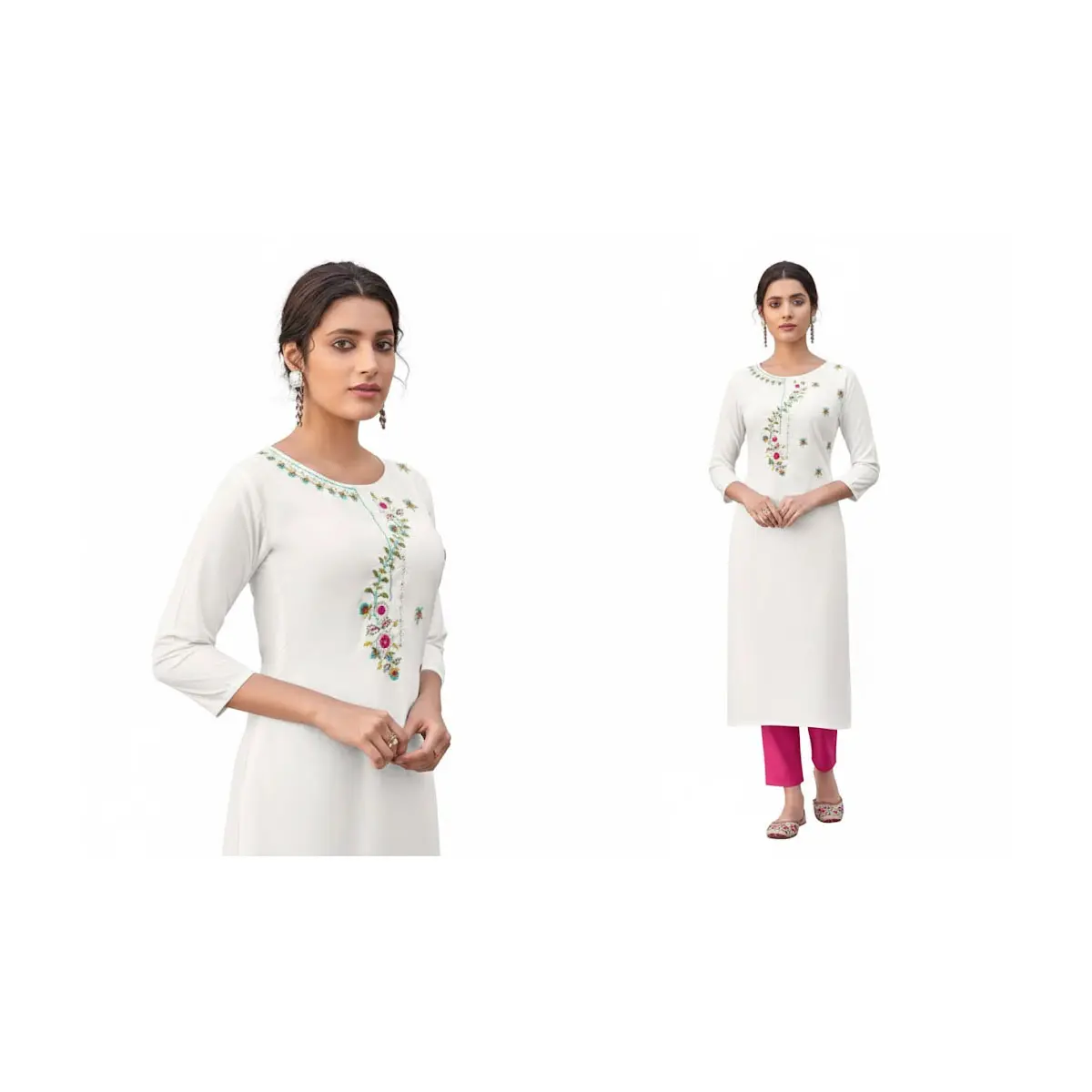 #DIVA-1103 White Embroidered Straight Kurti – 3/4 Sleeve, Round Neck