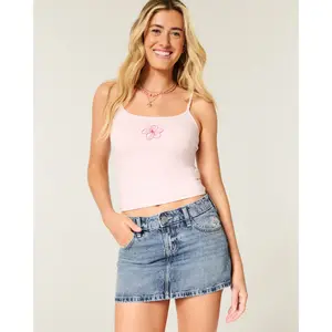 Hollister Low-Rise Medium Wash Embroidered Denim Mini Skort