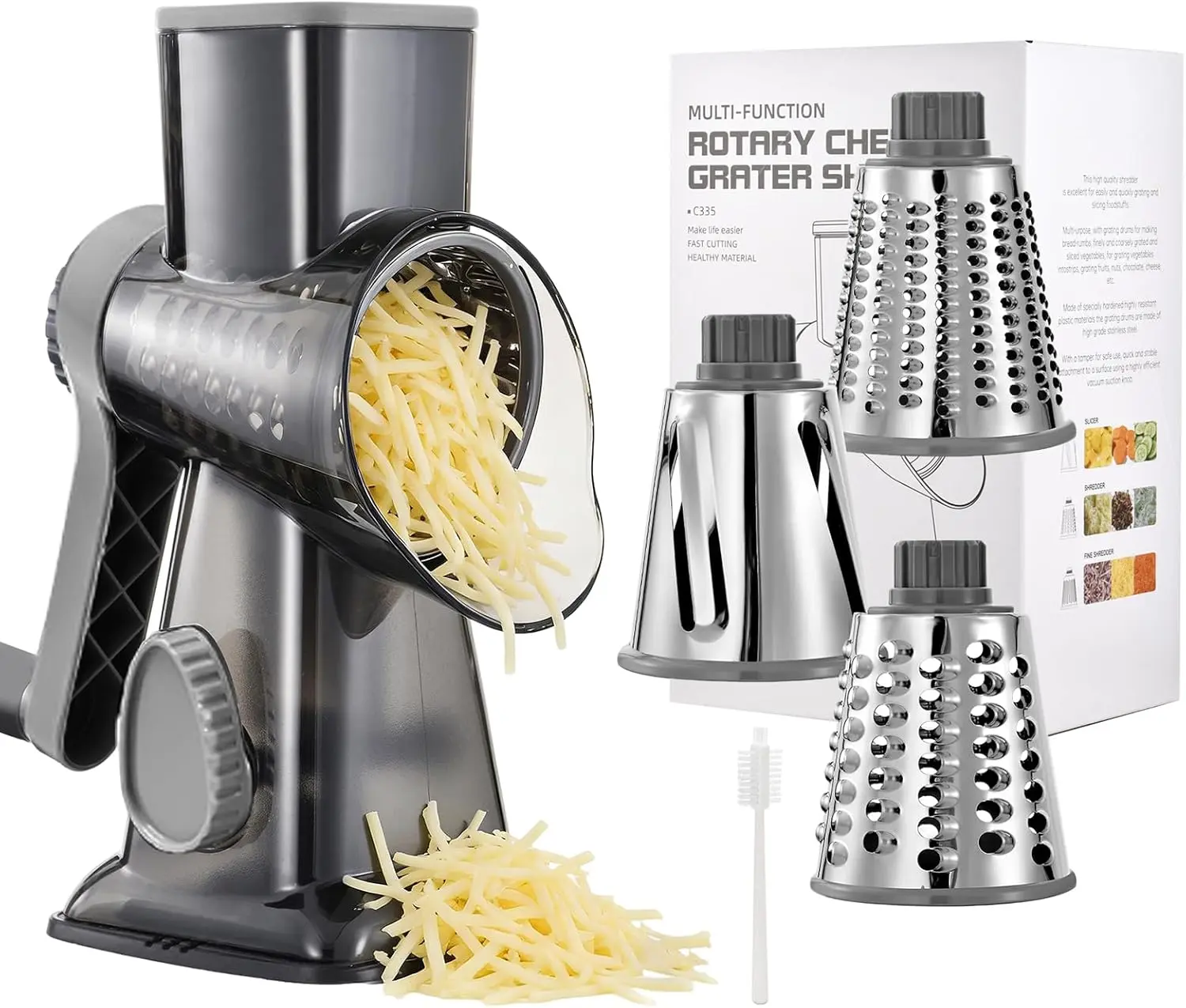 Cheese Grater Manual Hand Crank 3-in-1 Vegetable Shredde | Finger-safe design, stainless steel drums, suction base. Perfect for cheese, vegetables, nuts & chocolate. Easy to clean