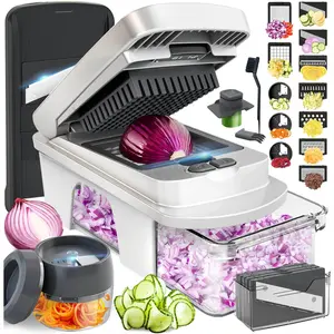 Pro-series All-in-one  12 Mandoline Slicer For Kitchen Food Vegetable And Spiralizer Dicer Grater Gadgets Sets With Container White Sand/gray