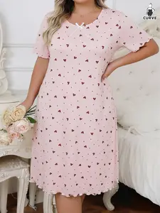 Plus Size Women's Knitted Round Neck Short Sleeve Sleepwear Heart Print Casual Home Wear Loungewear, Loose Fit All Seasons