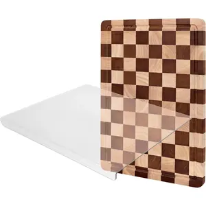 2-Piece Checkered Cutting Board Set - Wood Checkerboard End Grain Chopping Board with Juice Groove & Acrylic Cutting Board with Counter Lip for Kitchen