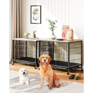 GARVEE Dog Crate Furniture, 2024 Deluxe Wooden Dog Kennel with Removable Tray and Wheels, Heavy-Duty Double-Doors 38.6" Dog Cage End Table, Indoor Dog House for Large Dogs (Grey & Black, Large)