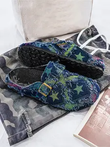 New Men's Retro Cowboy Style Star Pattern Design Fashion Slippers Soft Bottom Comfortable Baotou Sports Sandals, Broken Holes and Hairy Edge Trendy Half Dragged Beach Shoes