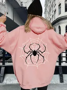 Women's Cartoon Spider Web Print Drop Shoulder Hoodie, Fashion Casual Spider Graphic Drawstring Pocket Hooded Sweatshirt for Daily Holiday Outdoor Wear, Women Clothing for Fall & Winter, Halloween
