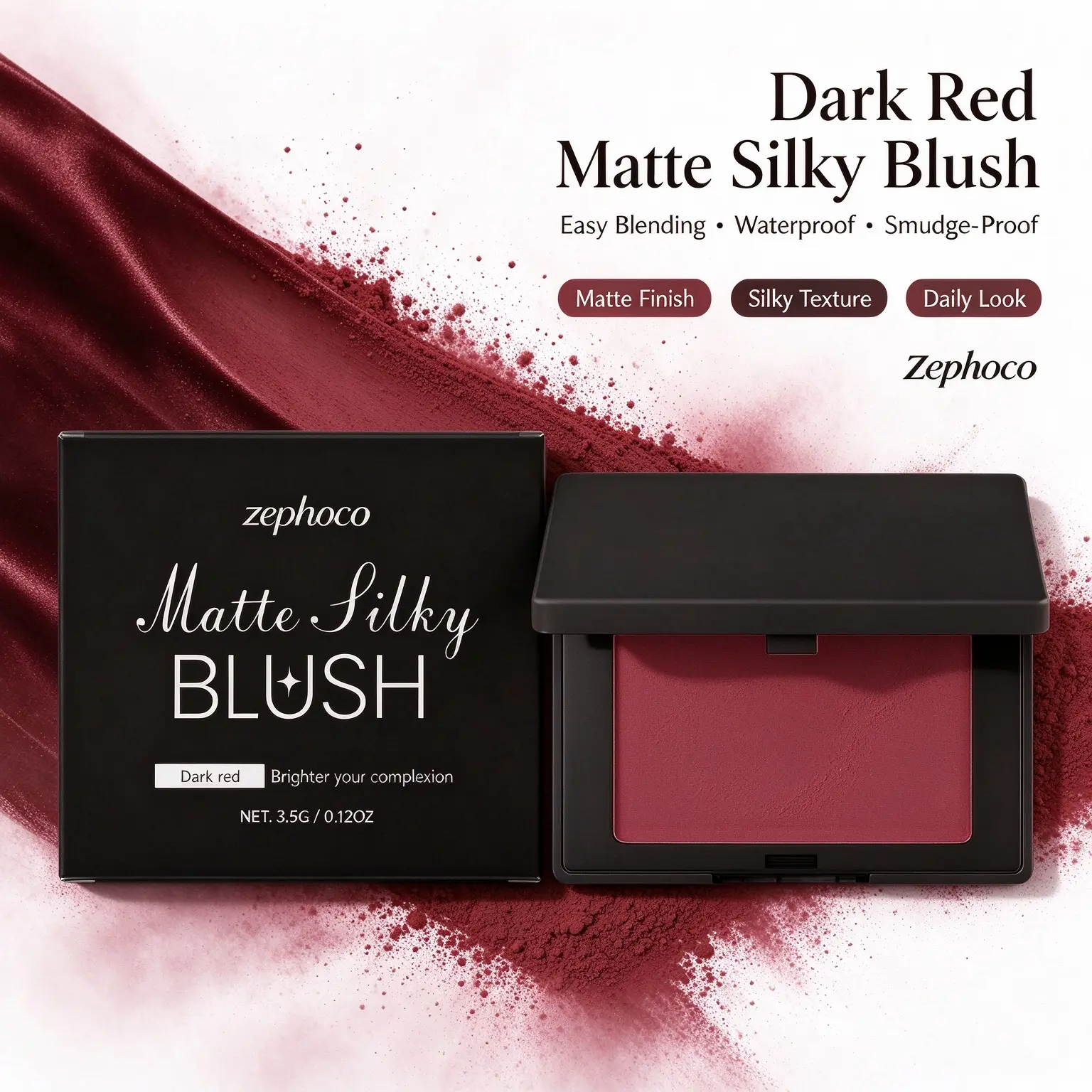 Dark Red Matte Silky Blush, Waterproof Smudge-Proof, Easy to Blend for Daily Makeup - Zephoco
