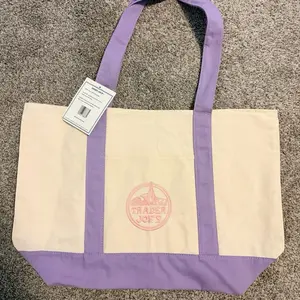Trader Joe's 2026 Large Lavender Purple Canvas Tote Bag with Logo Embroidery and Durable Handles