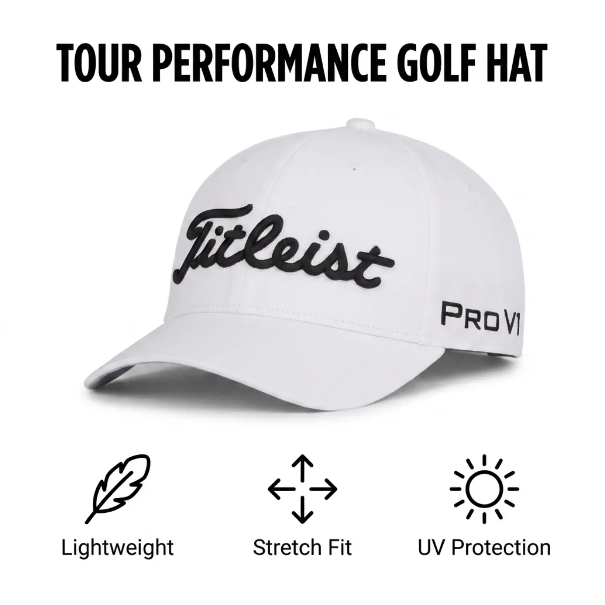 Titleist Tour Performance Cap – Lightweight 4-Way Stretch Baseball Style Cap with UPF 50+ Sun Protection, Moisture-Wicking Performance Fabric & Adjustable Closure for Baseball, Golf & Outdoor Activities