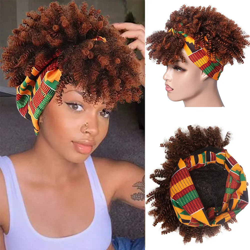 Short voluminous curly headscarf wig, synthetic fibre African fluffy small curls, 8-inch high curls with attached headband scarf wig, ladies' styling