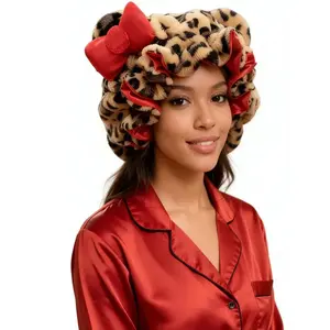 Leopard Print Plush Teddy Bear Bonnet, Satin-Lined Adjustable Sleep Cap, Cute Hair Care Headwear for Women
