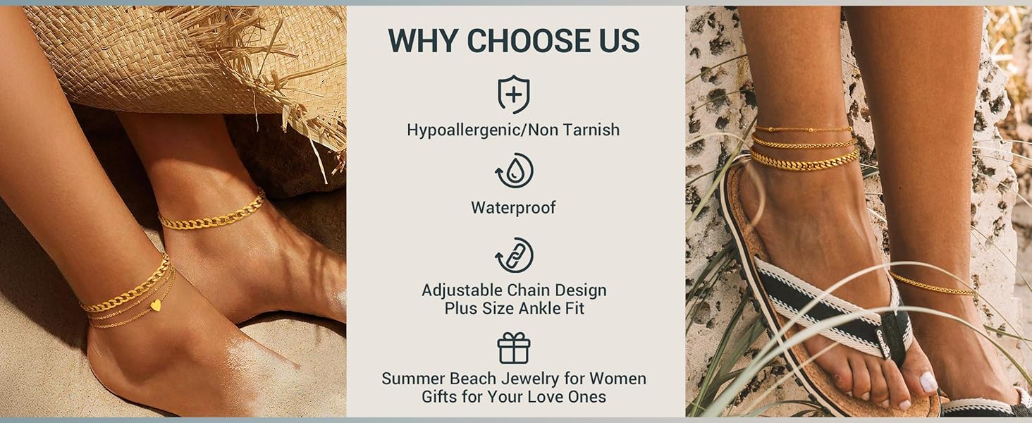 Stainless Steel Chain Anklets for Women, Silver/Gold Tone, Ankle Bracelets Hypoallergenic, 8-10.5 Inch Adjustable, Come with Box