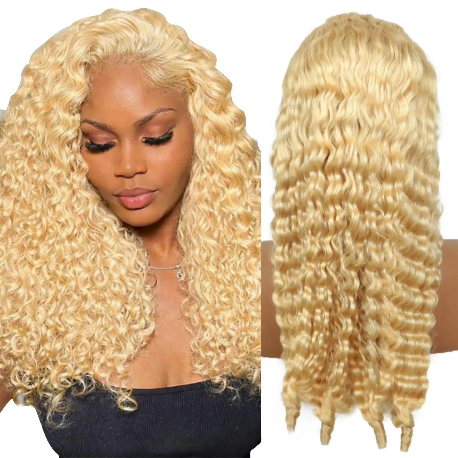NEW! Women Long 30 inch Curly Wigs Light Blonde 30 Inch Blonde Burmese Curly Wig Human Hair 613 13x6 Lace  main image 2