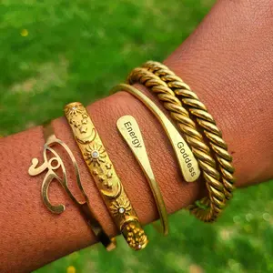 Goddess Energy Affirmation Bangle - Feminine Jewelry with Gold-Tone Finish and "Godess" & "Energy" Labels Adjustable Fit 100% Raw Brass Authentic Look