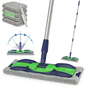 Microfiber Mops For Hardwood,Laminate For Floor Cleaning, Stainless Steel Handle-4 Reusable Flat Mop Refills With 1 Dirt Removal Scrubber Included-Dust Mop For Commercial,Home Use