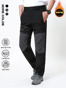 Men's Fall Winter Fleece Lined Work Pants, Thick Windproof Casual Long Pants, Slim-Fitting Patchwork Design, Comfortable Men's Clothing
