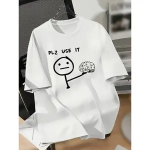 Vintage "PLZ USE IT" Brain Meme Men's Oversized Graphic T-Shirt | Funny Stick Figure Use Your Brain Sarcastic Gen Z Streetwear Bootleg Novelty Tee
