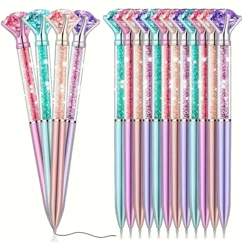 12pcs Crystal Diamond Ballpoint Pen, Random Color, Medium Nib, Quick-drying, Lightweight, Retractable, Black Ink. Office Supplies, Decorative Writing Pen, Suitable For Back-to-school Supplies, Classroom Supplies, Stationery, And Teacher Gifts.