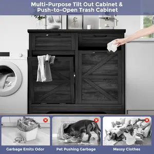 Jocoevol 20 Gallon Tilt Out Trash Cabinet: Push-Open Recycling Station with Drawer & Laundry Sorter - Free Standing Garbage Can Cabinet for Kitchen, Living Room - White & Wood