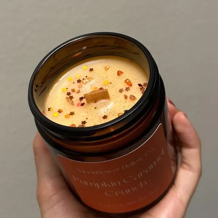 Pumpkin Caramel Crunch Candle, Coconut-Soy Wax, 7oz. Jar, wooden wick, decorated Autumn