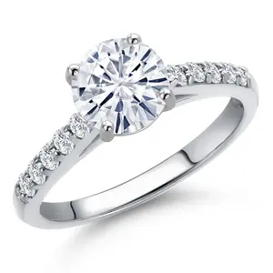 Gem Stone King 10K White Gold Round 7MM Gemstone Birthstone and Lab Grown Diamond Engagement Ring For Women | Available in Size 5,6,7,8,9